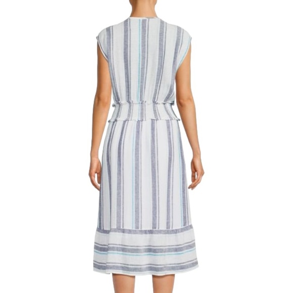 Rails Ashlyn Aegean Blue & White Striped Linen Blend Tie Neck Midi Dress - XS - Picture 2 of 16